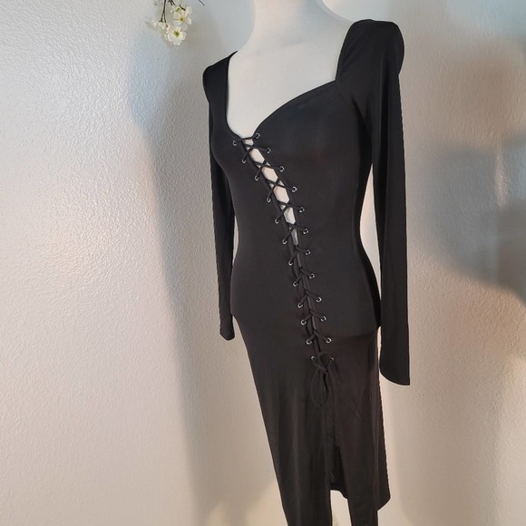 H:OURS x REVOLVE BRANDEN MIDI BLACK ASYMMETRICAL CUT LACE UP DRESS SIZE XSMALL - Picture 8 of 12
